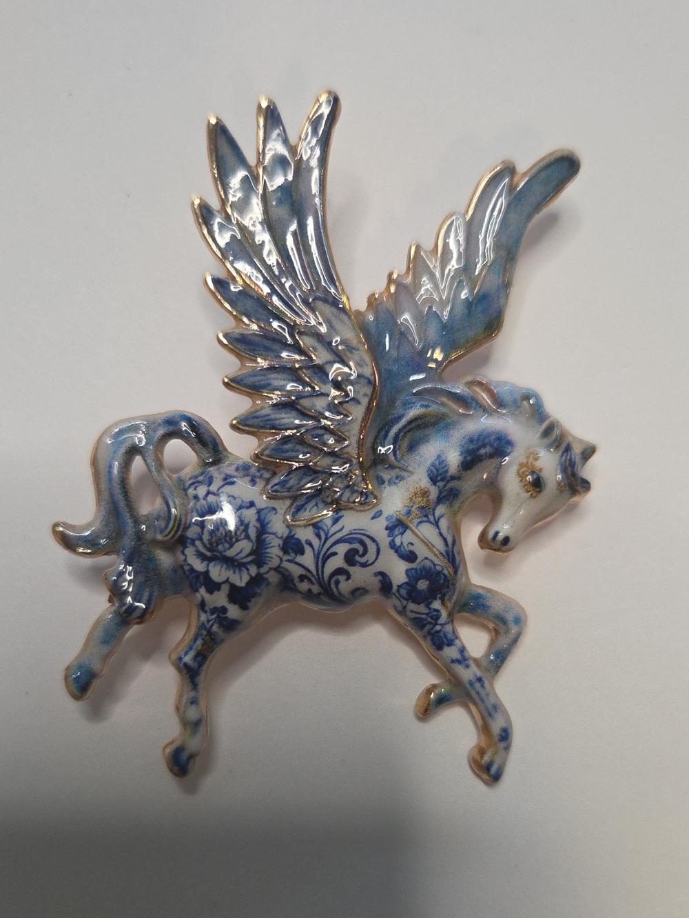 Decorative Blue and White Pegasus Brooch Pin - Porcelain Finish